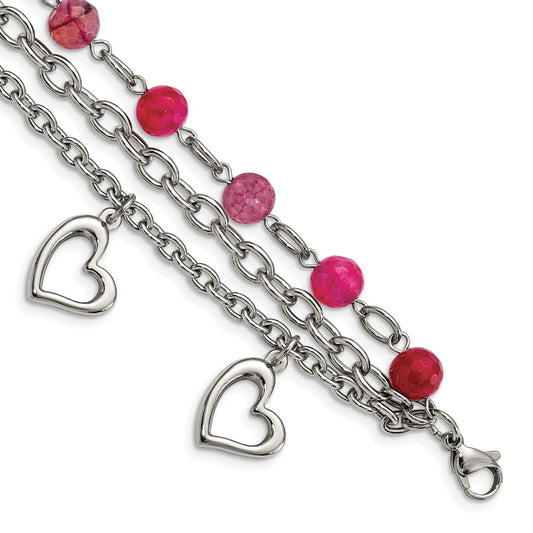 7.75 Inch Stainless Steel Polished W/Pink Agate And Hearts 7.75In Bracelet