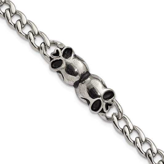 7.75 Inch Stainless Steel Polished And Antiqued Skulls Link Bracelet
