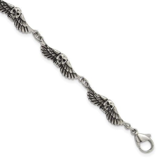 7.75 Inch Stainless Steel Antiqued Skulls With Wings Bracelet