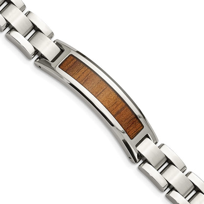 8.5 Inch Chisel Stainless Steel Brushed And Polished Enameled With Koa Wood Inlay 8.5In Link Id Bracelet