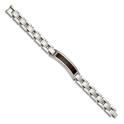 Stainless Steel Chisel Polished Enameled Black Koa Wood 8.5 Inch Link Id Bracelet