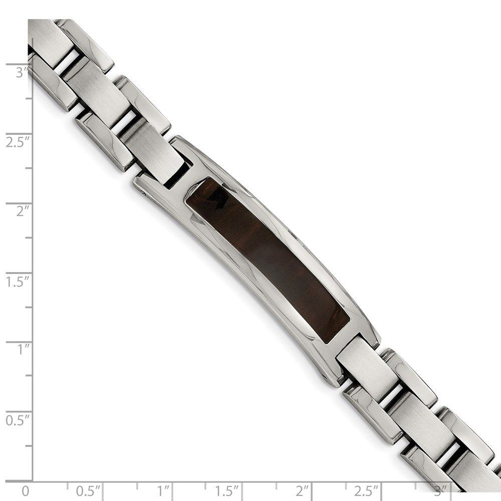 Stainless Steel Chisel Polished Enameled Black Koa Wood 8.5 Inch Link Id Bracelet