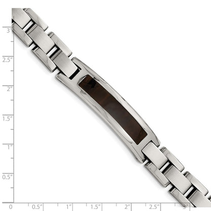 Stainless Steel Chisel Polished Enameled Black Koa Wood 8.5 Inch Link Id Bracelet