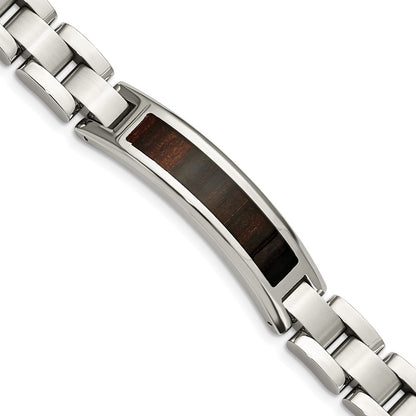 Stainless Steel Chisel Polished Enameled Black Koa Wood 8.5 Inch Link Id Bracelet