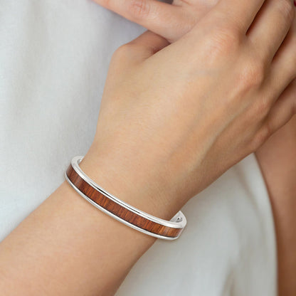 Stainless Steel Chisel Polished With Red/Orange Koa Wood Inlay Cuff Bangle