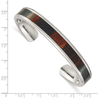 Stainless Steel Chisel Polished With Enameled Koa Wood Inlay Cuff Bangle