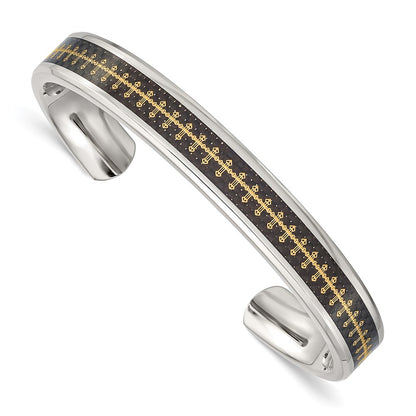 Stainless Steel Polished Yellow Ip W/Carbon Fiber Inlay Cross Bangle