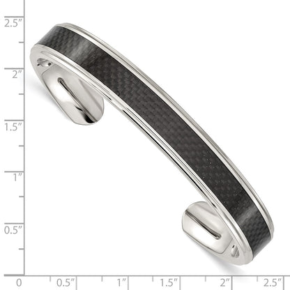 Stainless Steel Chisel Polished With Black Carbon Fiber Inlay Cuff Bangle