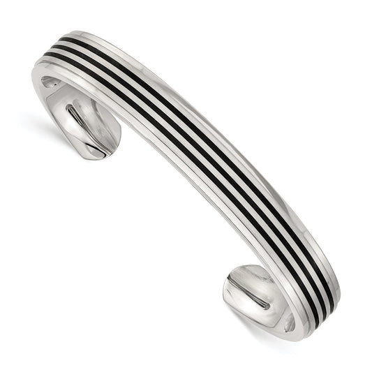 Stainless Steel Chisel Brushed And Polished Black Rubber Inlay Cuff Bangle