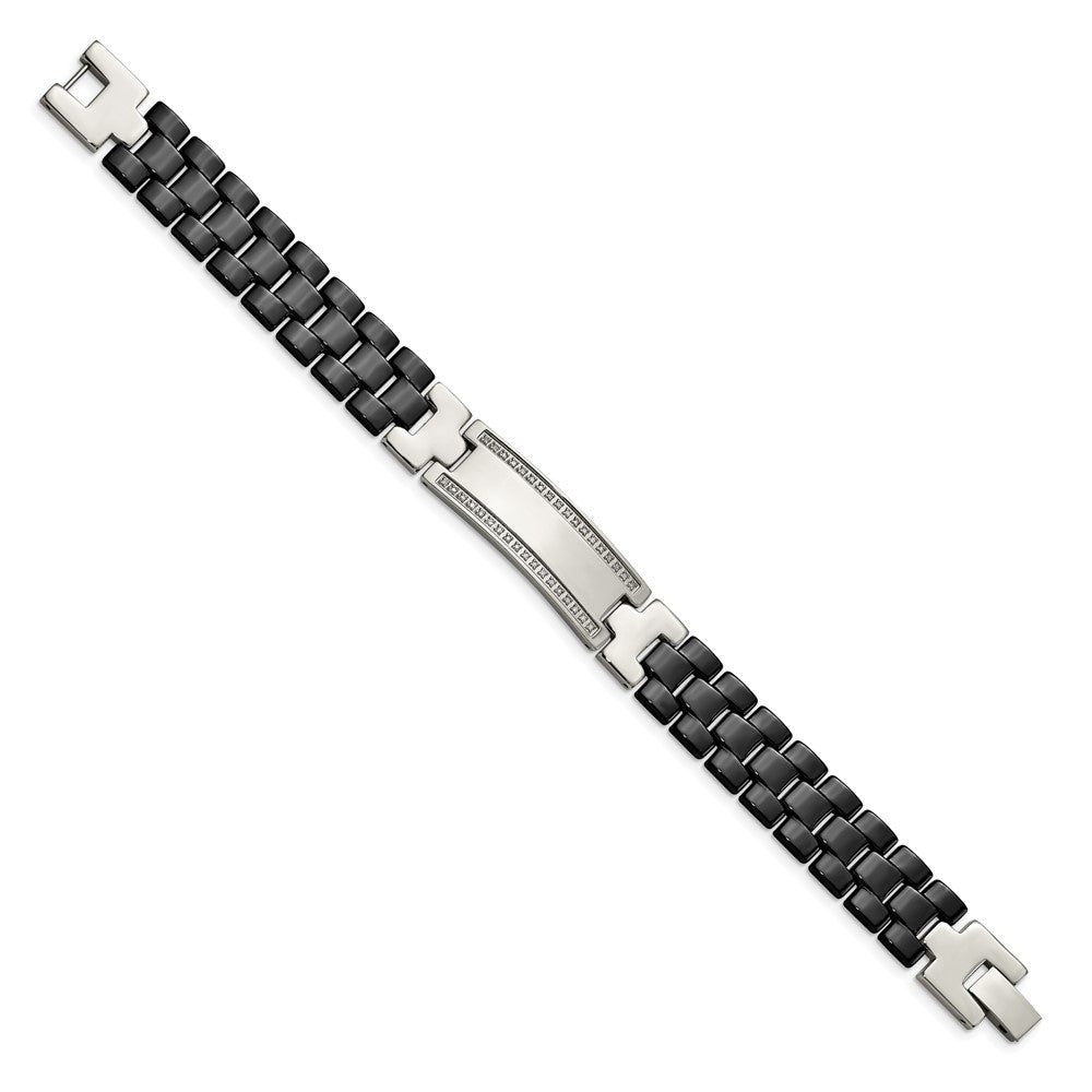 8.25 Inch Chisel Stainless Steel Polished With Black Ceramic And 1/4 Carat Diamond 8.75 Id Bracelet