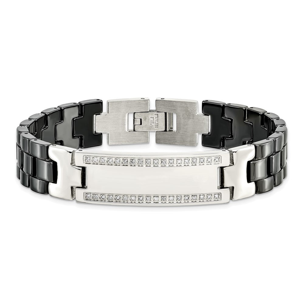 8.25 Inch Chisel Stainless Steel Polished With Black Ceramic And 1/4 Carat Diamond 8.75 Id Bracelet