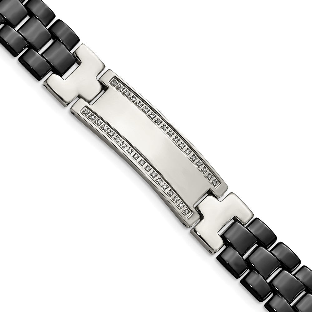 8.25 Inch Chisel Stainless Steel Polished With Black Ceramic And 1/4 Carat Diamond 8.75 Id Bracelet