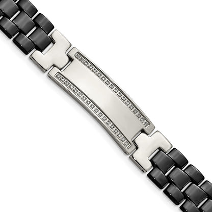 8.25 Inch Chisel Stainless Steel Polished With Black Ceramic And 1/4 Carat Diamond 8.75 Id Bracelet