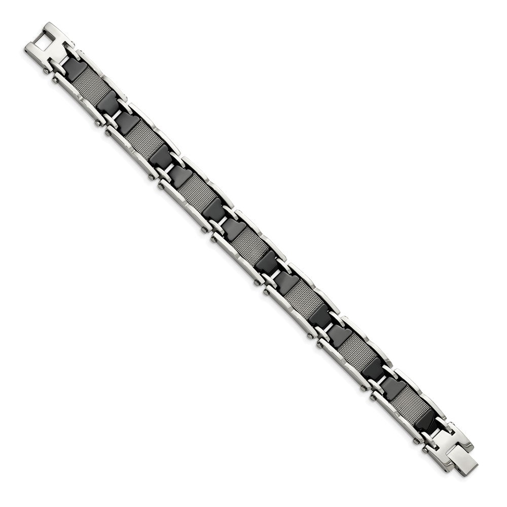 Stainless Steel Chisel Polished Mesh With Black Ceramic 8.25 Inch Link Bracelet