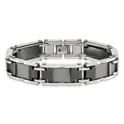 Stainless Steel Chisel Polished Mesh With Black Ceramic 8.25 Inch Link Bracelet