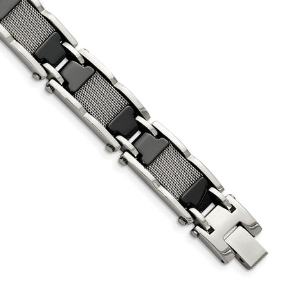 Stainless Steel Chisel Polished Mesh With Black Ceramic 8.25 Inch Link Bracelet