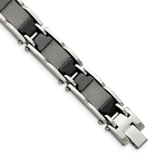 Stainless Steel Chisel Polished Mesh With Black Ceramic 8.25 Inch Link Bracelet