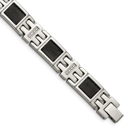 Stainless Steel Chisel Polished Black Ip-Plated Mesh With 1/3 Carat Diamond 8.75 Inch Bracelet