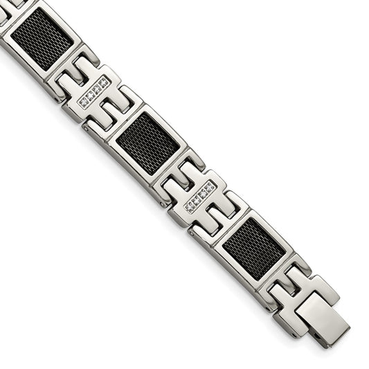 Stainless Steel Chisel Polished Black Ip-Plated Mesh With 1/3 Carat Diamond 8.75 Inch Bracelet