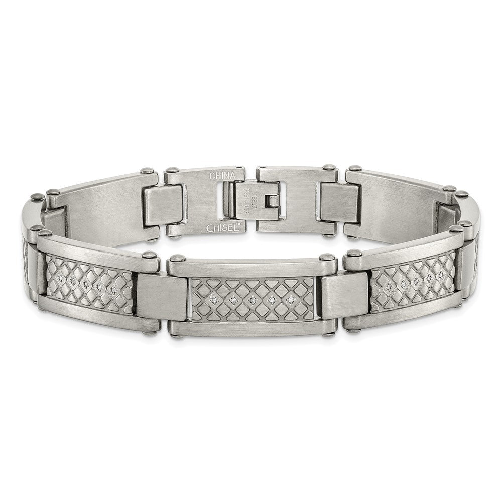 Stainless Steel Chisel Antiqued And Matte With 1/10 Carat Diamond 9 Inch Bracelet