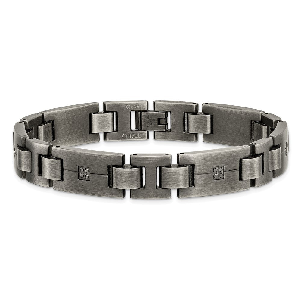 Stainless Steel Chisel Antiqued And Matte With 1/10 Carat Black Diamond 9 Inch Bracelet