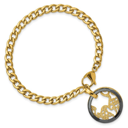 7.25 Inch Stainless Steel Yellow Ip-Plated Black Ceramic Polished & Lasercut Circle Bracelet