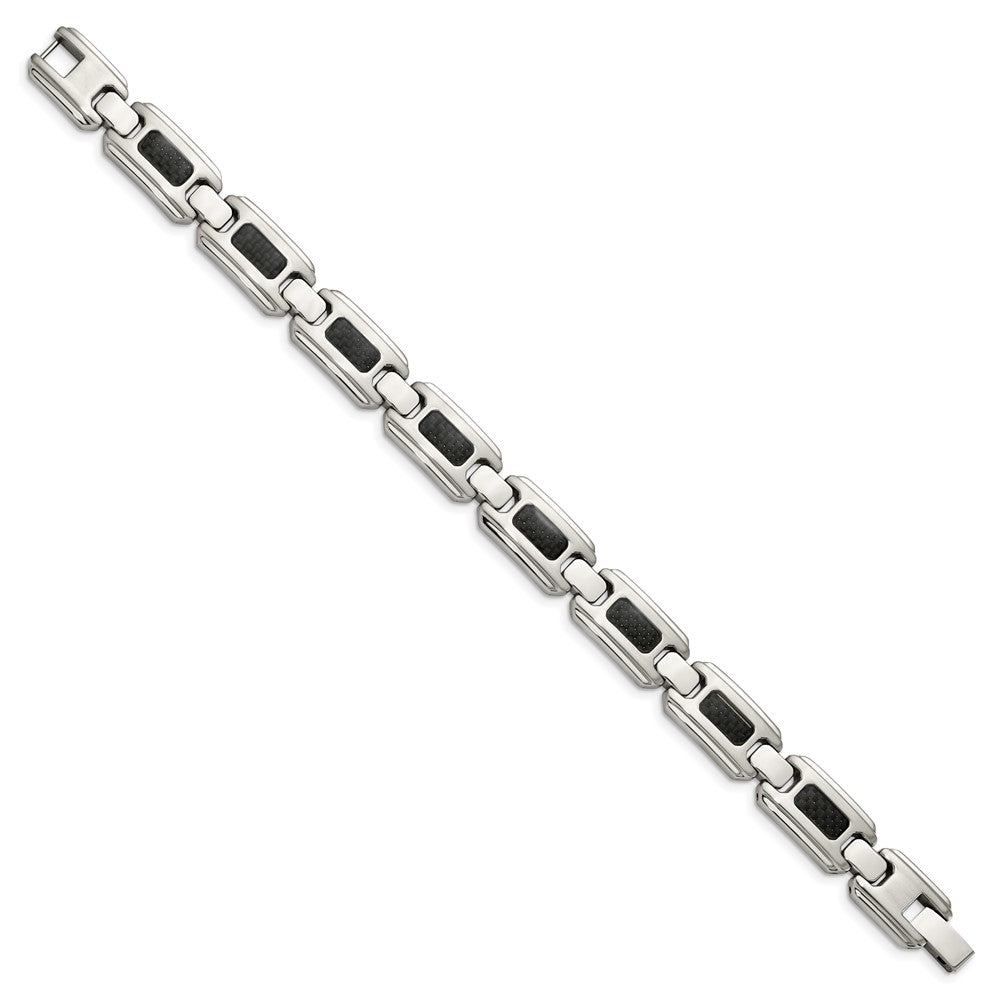 Stainless Steel Chisel Brushed And Polished With Black Carbon Fiber Inlay 9 Inch Link Bracelet