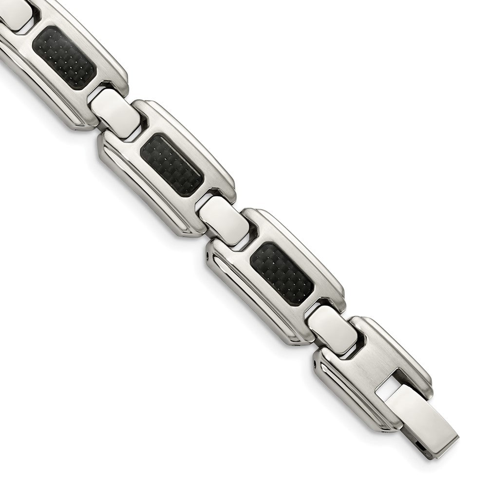 Stainless Steel Chisel Brushed And Polished With Black Carbon Fiber Inlay 9 Inch Link Bracelet