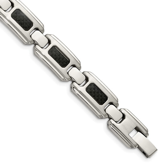 Stainless Steel Chisel Brushed And Polished With Black Carbon Fiber Inlay 9 Inch Link Bracelet