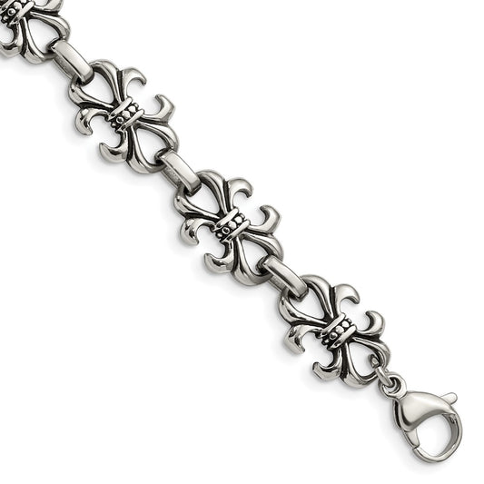 8.25 Inch Stainless Steel Antiqued And Polished Fleur De Lis 8.25In Bracelet