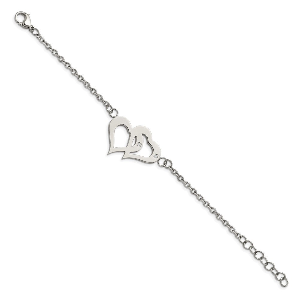 7.75 Inch Stainless Steel Polished W/Cz Hearts 6.5In W/1.25In Ext. Bracelet