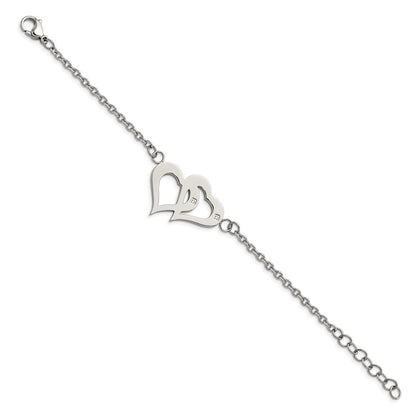 7.75 Inch Stainless Steel Polished W/Cz Hearts 6.5In W/1.25In Ext. Bracelet
