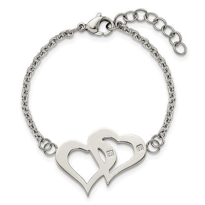 7.75 Inch Stainless Steel Polished W/Cz Hearts 6.5In W/1.25In Ext. Bracelet