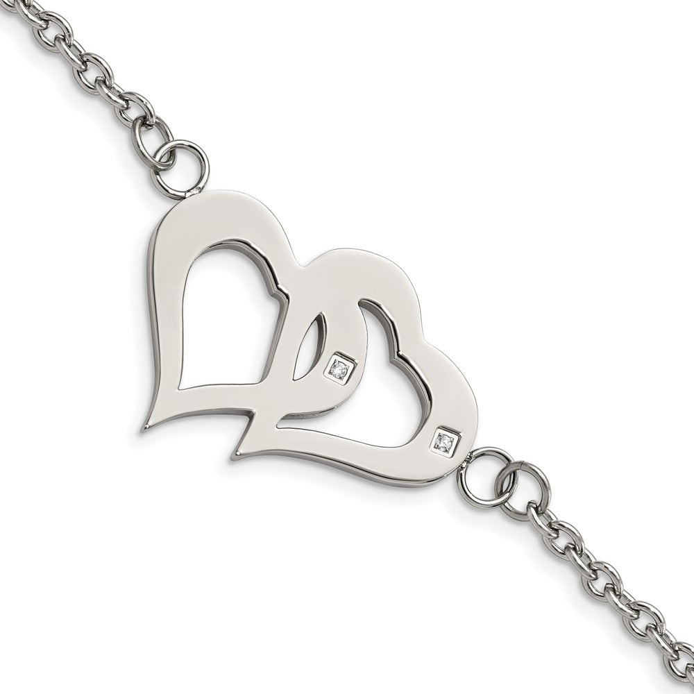 7.75 Inch Stainless Steel Polished W/Cz Hearts 6.5In W/1.25In Ext. Bracelet
