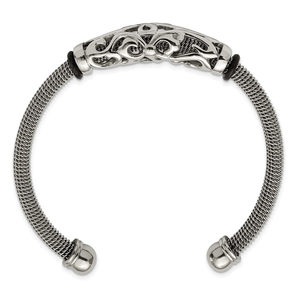 Stainless Steel Polished Mesh W/Black Rubber Bangle