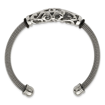 Stainless Steel Polished Mesh W/Black Rubber Bangle