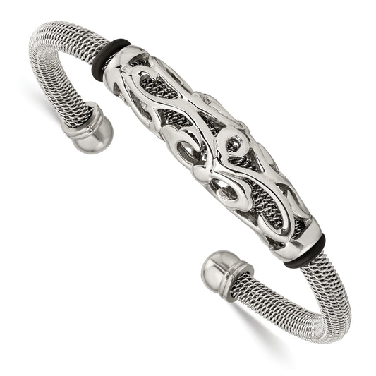 Stainless Steel Polished Mesh W/Black Rubber Bangle