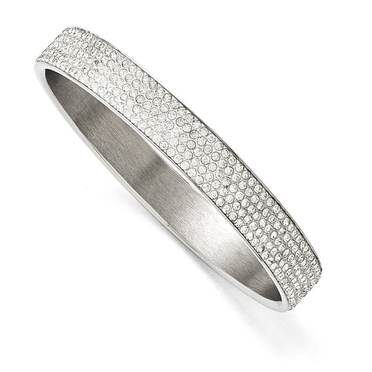 Stainless Steel Polished White Enamel W/Crystals Thin Flat Bangle