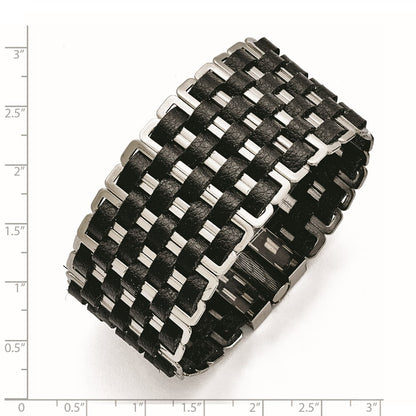 7 Inch Stainless Steel Polished Woven Black Leather Bracelet