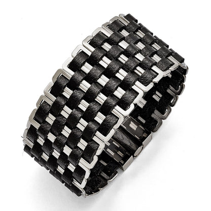 7 Inch Stainless Steel Polished Woven Black Leather Bracelet