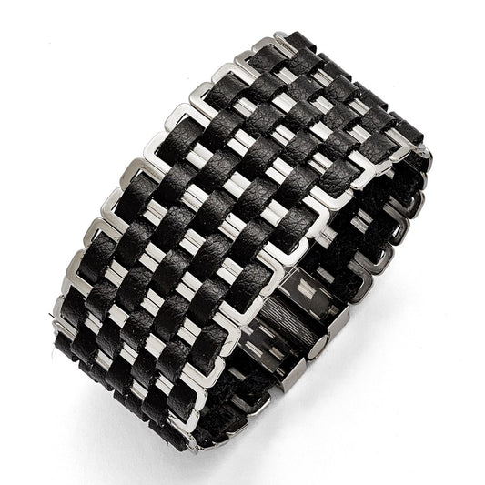7 Inch Stainless Steel Polished Woven Black Leather Bracelet