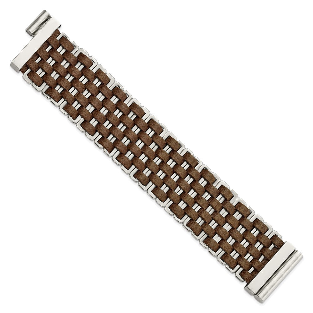 7 Inch Stainless Steel Polished Woven Brown Leather Bracelet