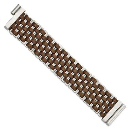 7 Inch Stainless Steel Polished Woven Brown Leather Bracelet