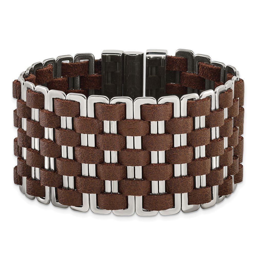 7 Inch Stainless Steel Polished Woven Brown Leather Bracelet
