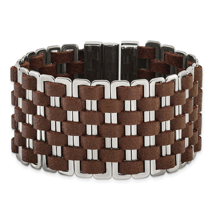 7 Inch Stainless Steel Polished Woven Brown Leather Bracelet