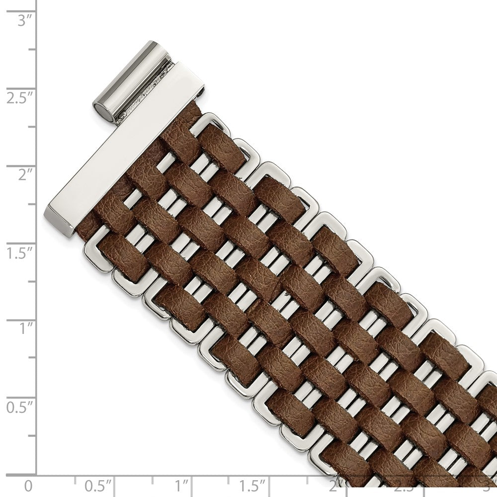 7 Inch Stainless Steel Polished Woven Brown Leather Bracelet