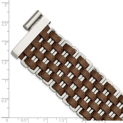 7 Inch Stainless Steel Polished Woven Brown Leather Bracelet
