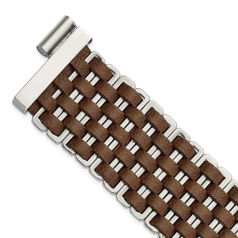 7 Inch Stainless Steel Polished Woven Brown Leather Bracelet