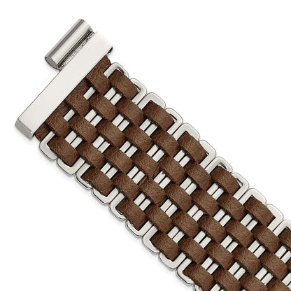 7 Inch Stainless Steel Polished Woven Brown Leather Bracelet