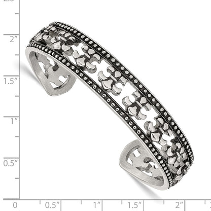 Stainless Steel Antiqued And Polished Fleur De Lis Bangle